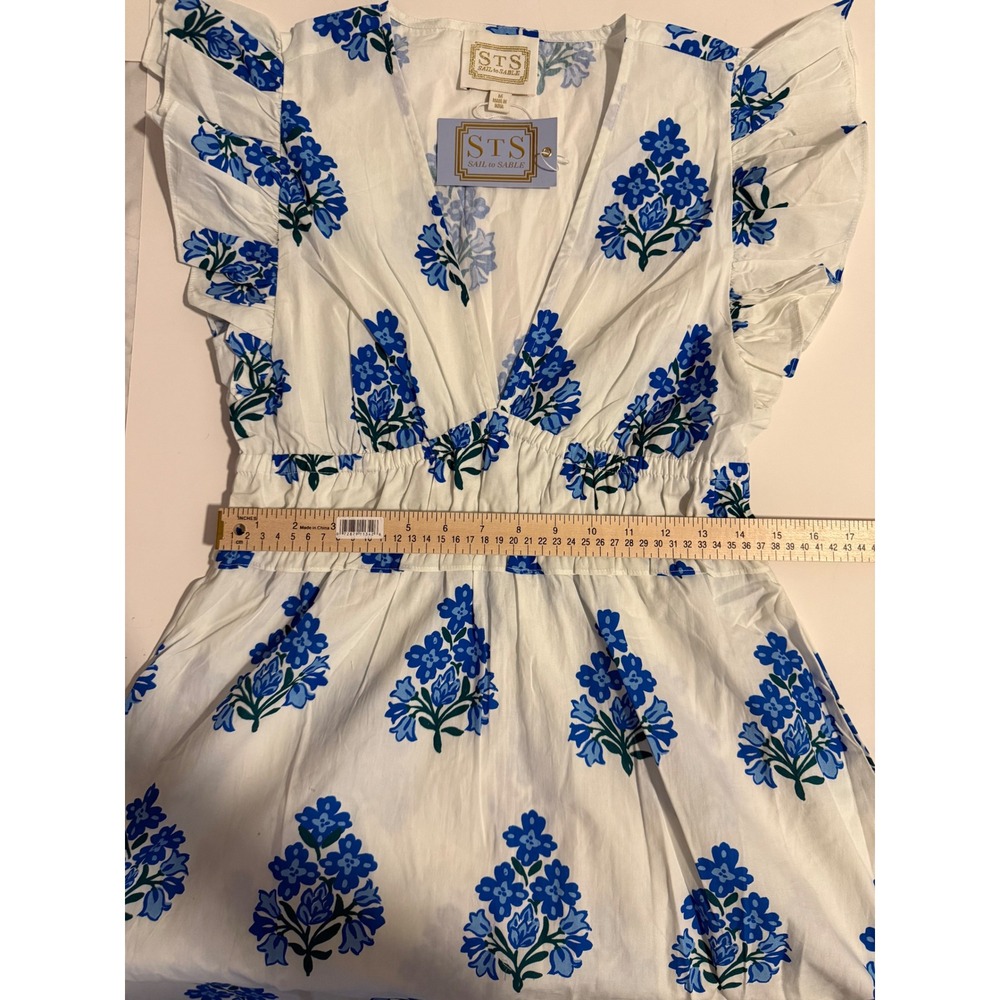 NWT Sail to Sable Blue White Floral Cotton Resort Maxi Dress Smocked Flutter M - Picture 8 of 10